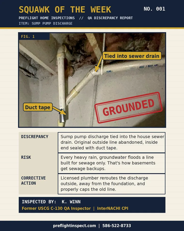 Squawk of the Week number 001 discrepancy report: sump pump discharge tied into the house sewer drain, sealed with duct tape