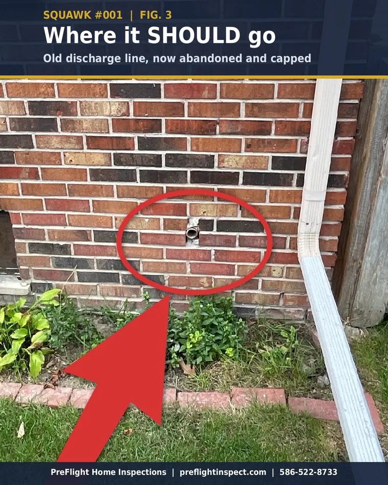 Capped original sump discharge stub coming through the brick on the outside of the house