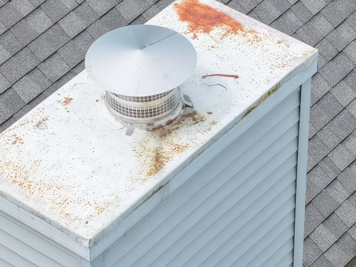 Drone photo of a rusted chimney chase cover found during a PreFlight inspection