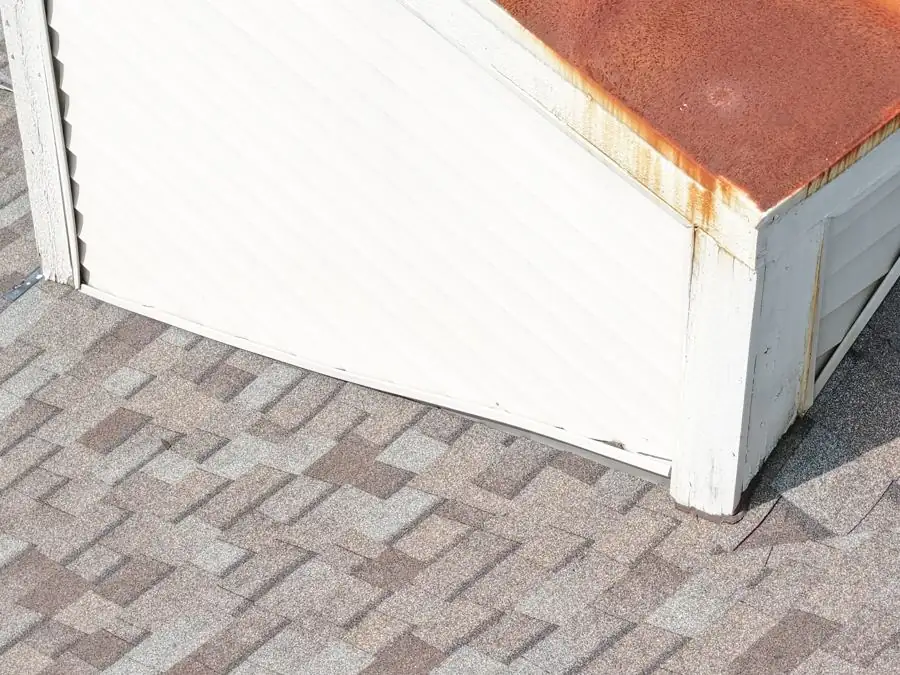 Drone photo of chimney chase flashing at the roof line