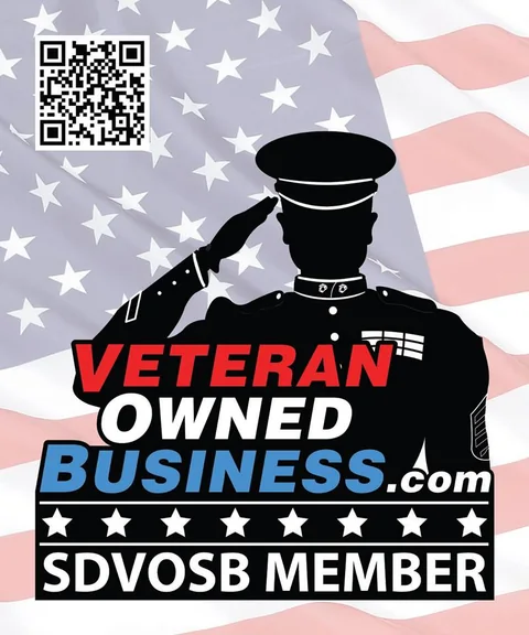 Veteran Owned Business SDVOSB member banner - saluting service member in front of the American flag